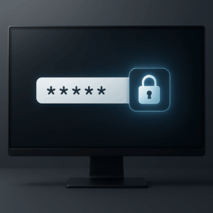 Ein moderner Computerbidlschirm mit einem Eingabefeld und einem Schloss, welches die Sicherheit symbolisiert.