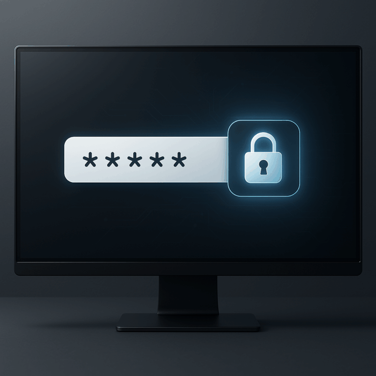 Ein moderner Computerbidlschirm mit einem Eingabefeld und einem Schloss, welches die Sicherheit symbolisiert.