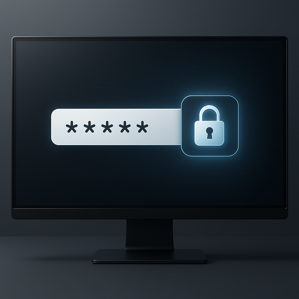 Ein moderner Computerbidlschirm mit einem Eingabefeld und einem Schloss, welches die Sicherheit symbolisiert.