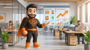 IT-Heroes in einem Büro mit einem Dashboard.
