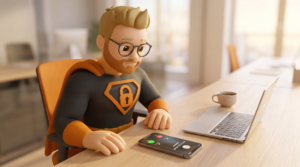 IT-Security-Hero von inpuls sitzt ruhig an einem aufgeräumten Bürotisch und blickt auf sein Smartphone, das einen eingehenden Anruf einer unbekannten Schweizer Nummer zeigt.