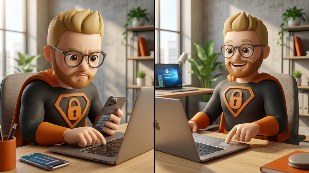 IT-Superheld von inpuls vergleicht Anmeldung mit Zahlencode und Anmeldung per Fingerabdruck